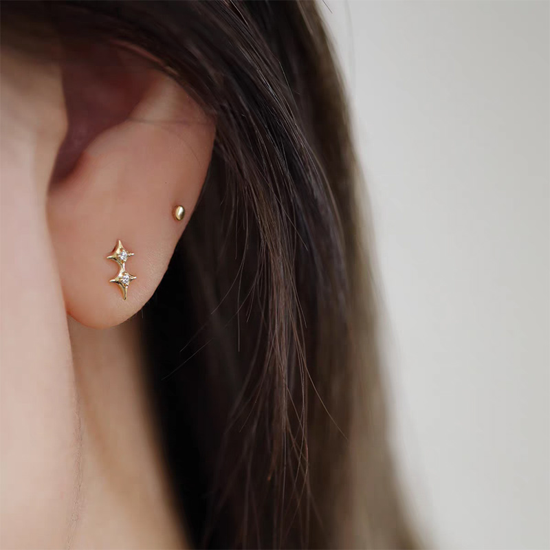 9K gold lucky star exquisite cross double star stud earrings