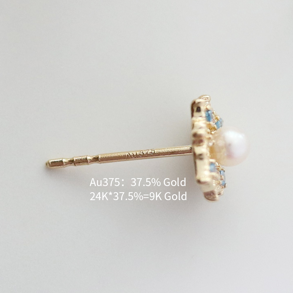 9K gold hollowed-out diamond-shaped pearl vintage stud earrings