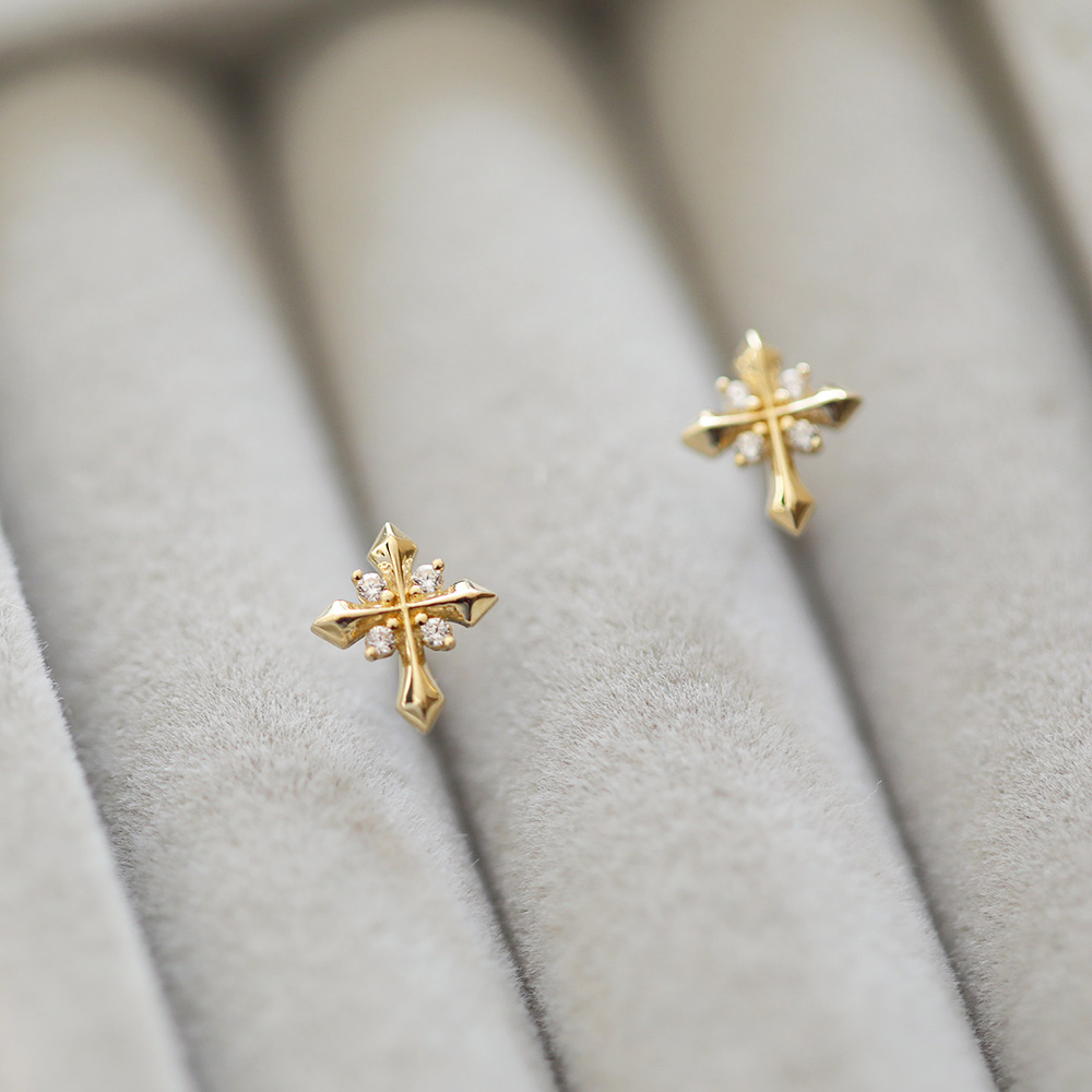 9K gold cross star stud earrings