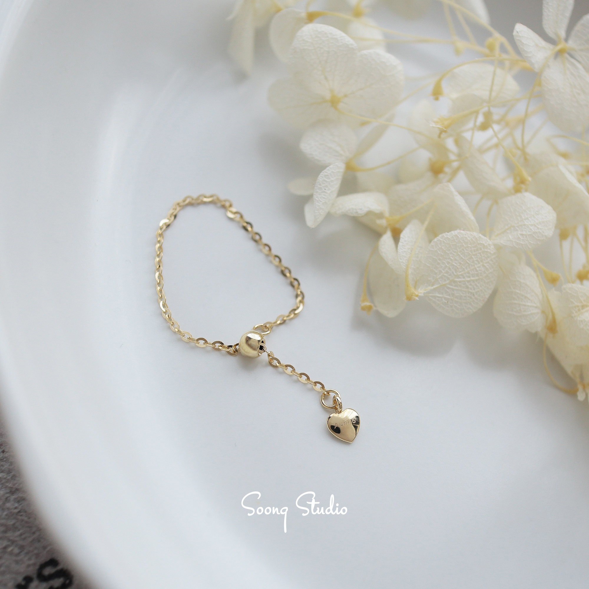 14K gold simple chain ring, adjustable in length