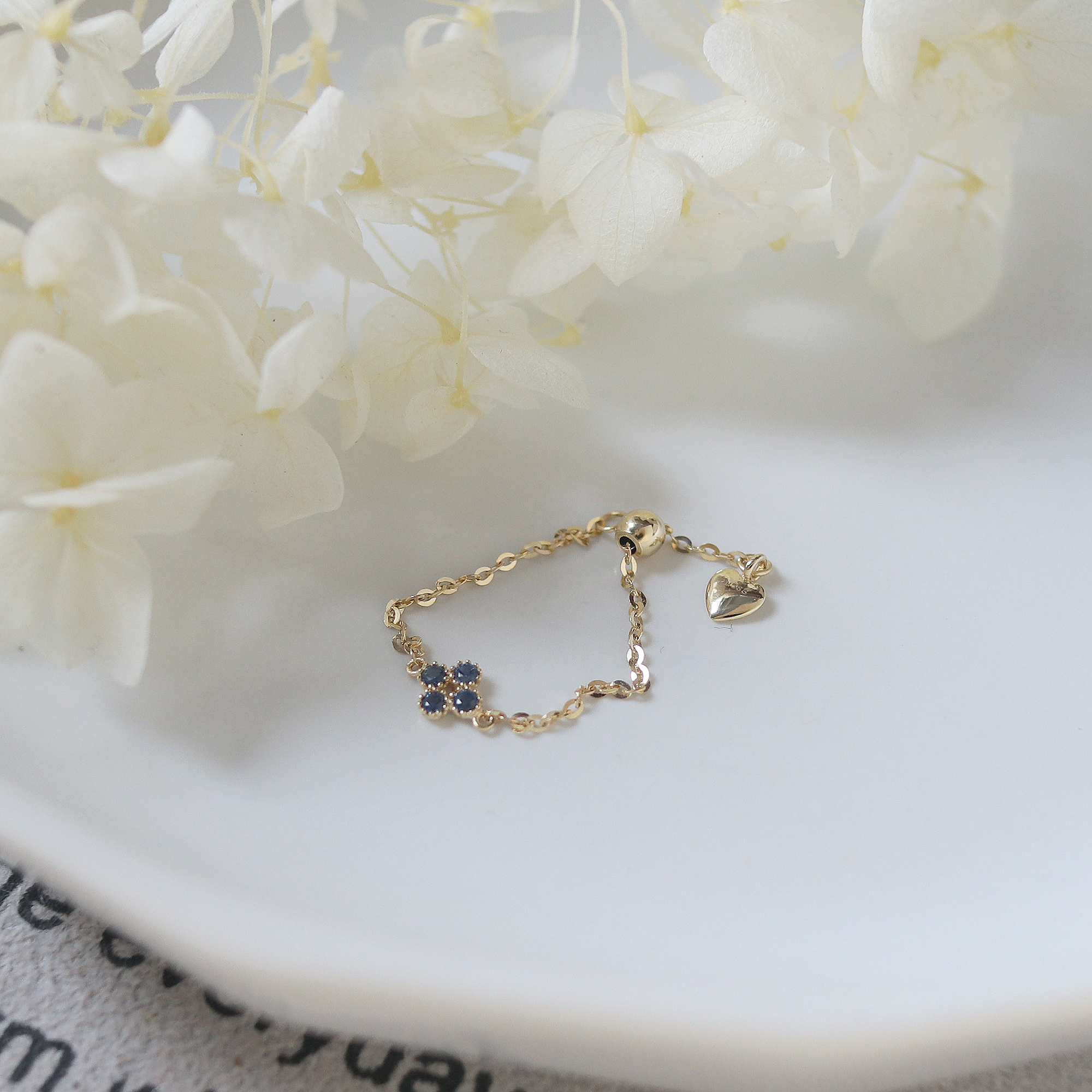 14K gold blue flower chain ring - adjustable size