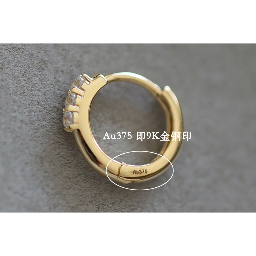 9K gold, classic three small zirconia beads, ear studs