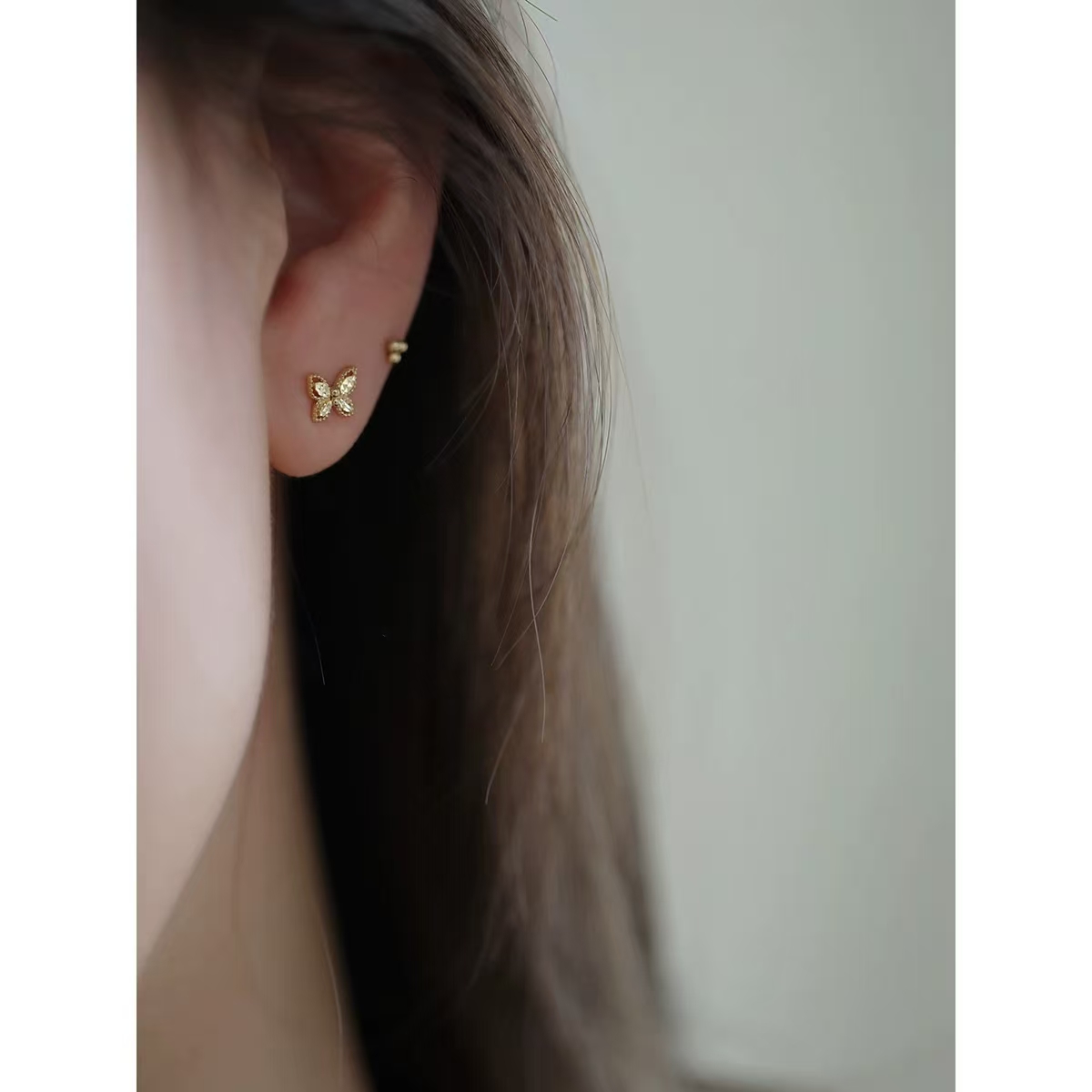 9K gold clear cold hollow carvings butterfly stud earrings