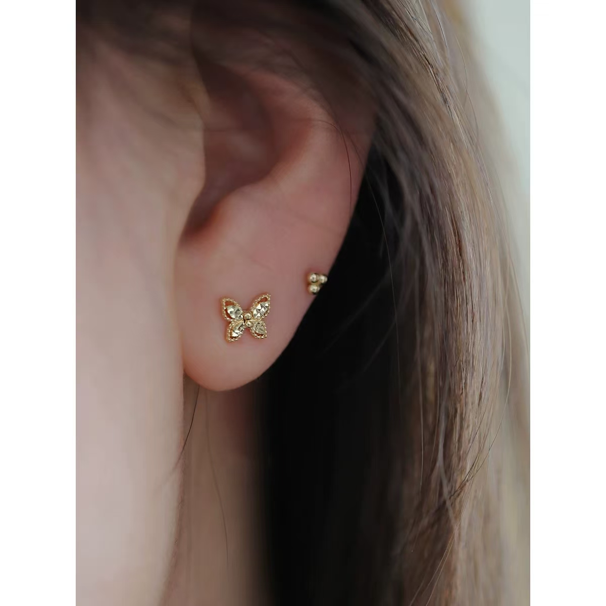 9K gold clear cold hollow carvings butterfly stud earrings